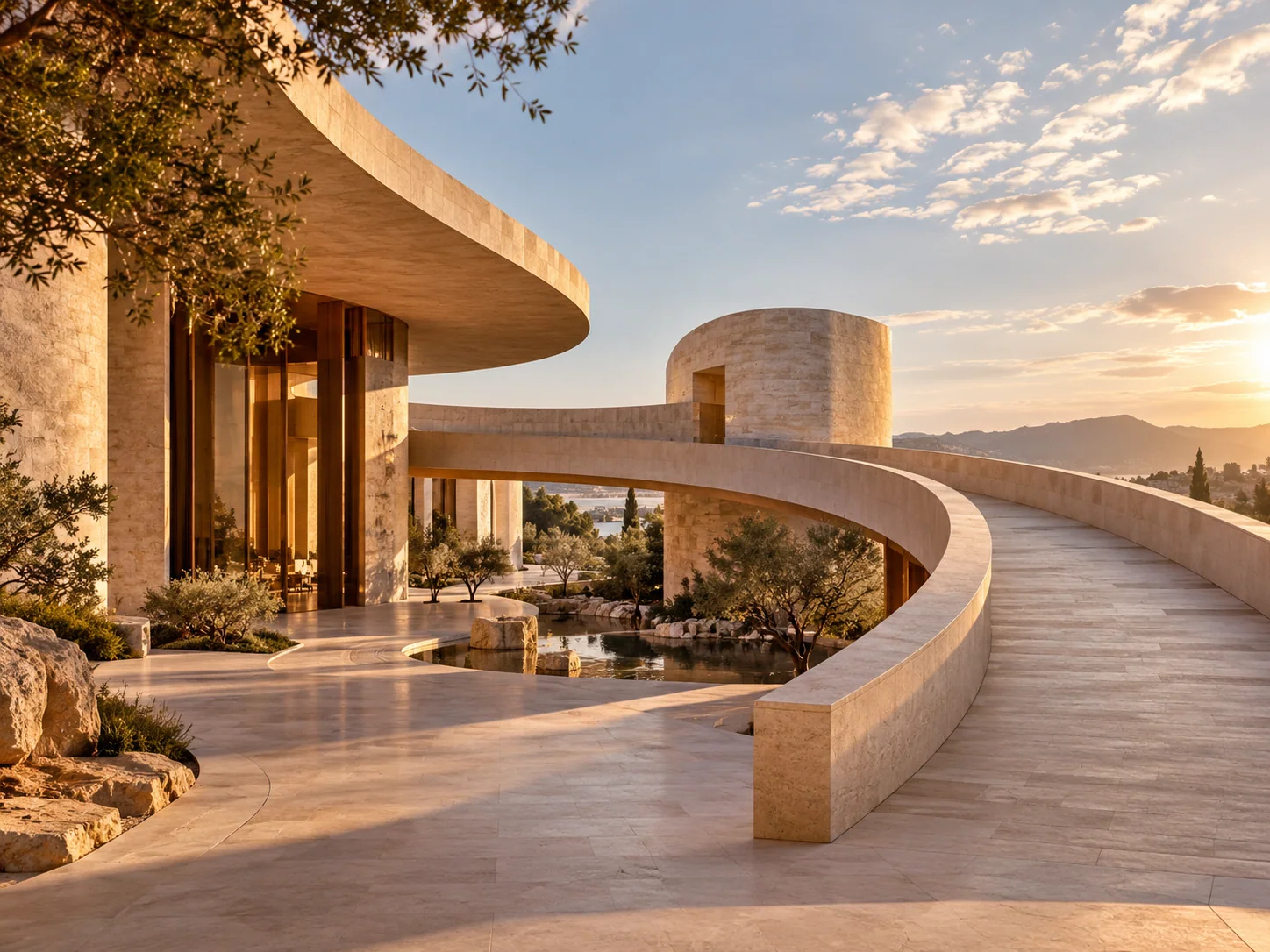 Light across curved architecture and stairs